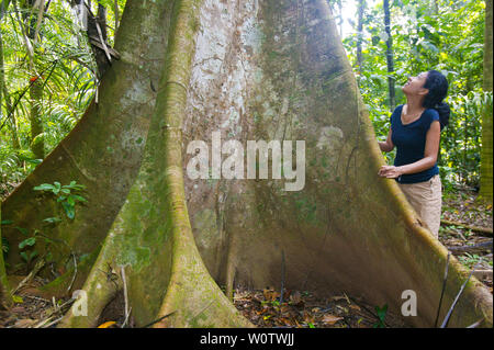 Fotografo Outdoor Zizza Gordon accanto a una grande Ceiba albero nella foresta pluviale del Parco nazionale di Soberania, Repubblica di Panama. Febbraio, 2008. Foto Stock