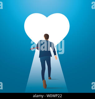 Uomo che corre nel cuore grande foro, l'uomo cerca di trovare l'amore Foto Stock