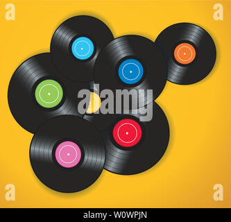 Dischi in Vinile con coperchio giallo mockup sfondo Foto Stock