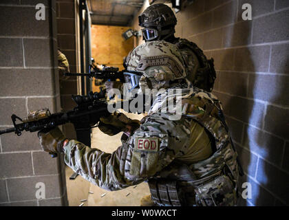 L'eliminazione degli ordigni esplosivi i tecnici si impegnano in vigore sulla formazione di forza durante il guerriero audace 2019 Giugno 26, 2019, a Fort McCoy, Wisconsin. Vigore il vigore training fornisce EOD Avieri con la familiarizzazione sulla piccola unità tattica utilizzata in più insiemi di missione. (U.S. Air National Guard foto di Senior Airman Randy Burlingame) Foto Stock