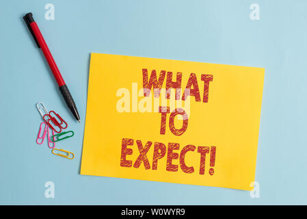 Testo della Scrittura che cosa aspettarsi. Foto concettuale chiede informazioni riguardo qualcosa come probabile verificarsi cartone teso e la scrittura di apparecchiature immesse Foto Stock