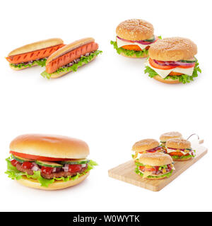 Junk fast food collage di hamburger, sandwich e hot dog isolati su sfondo bianco Foto Stock