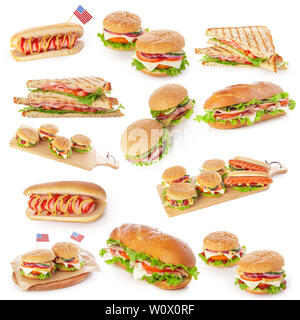 Junk fast food collage di hamburger, sandwich e hot dog isolati su sfondo bianco Foto Stock