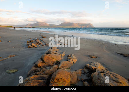 Walker a Warebeth spiaggia presso il solstizio d'estate, Orkney continentale Foto Stock