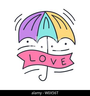 Ombrello coloratissimo con caratteri amore illustrazione vettoriale su doodle stile per il giorno di San Valentino e amore design romantico. Illustrazione Vettoriale