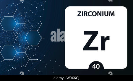 Zirconio elemento 40. Metalli alcalino terrosi. Elemento chimico di Mendeleev Tavola Periodica. Zirconio nel cubo quadrati concetto creativo. Chimica, labora Foto Stock