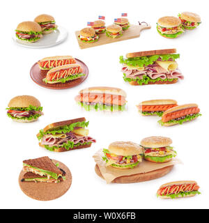 Junk fast food collage di hamburger, sandwich e hot dog isolati su sfondo bianco Foto Stock