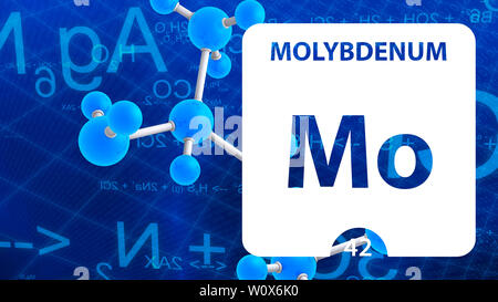 Il molibdeno Mo, elemento chimico segno. 3D rendering isolati su sfondo bianco. Chimica di molibdeno 42 elemento per esperimenti scientifici in aula s Foto Stock