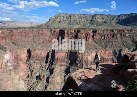 Giovane donna gode la vista spettacolare dalla Toroweap si affacciano nel Parco Nazionale del Grand Canyon, Arizona. Foto Stock