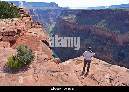 Giovane donna gode la vista spettacolare dalla Toroweap si affacciano nel Parco Nazionale del Grand Canyon, Arizona. Foto Stock