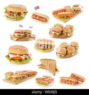 Junk fast food collage di hamburger, sandwich e hot dog isolati su sfondo bianco Foto Stock