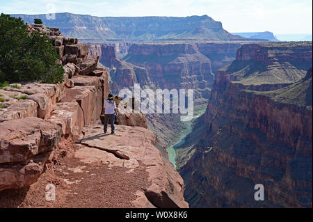 Giovane donna gode la vista spettacolare dalla Toroweap si affacciano nel Parco Nazionale del Grand Canyon, Arizona. Foto Stock