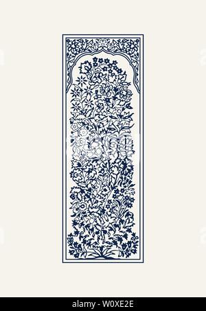 Tintura indaco il blocco di legno stampati addobbo floreale in frame. Tradizionale etnica motif del nord India,blu scuro su sfondo ecru. Per il vostro design Illustrazione Vettoriale