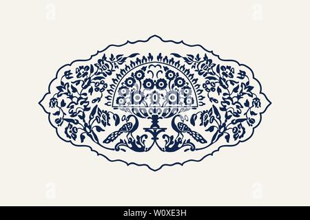 Tintura indaco il blocchetto in legno stampato composizione floreale. Tradizionale etnica motif di India con fiori e pavoni, navy blu su sfondo ecru. Illustrazione Vettoriale