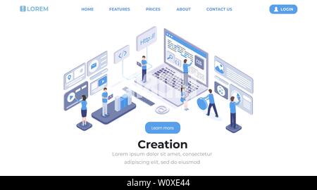 Creazione Software landing page modello isometrico. Programmazione di App e codifica, sviluppo del sito web e ottimizzazione studio team di lavoro banner web layout. Programmatori e sviluppatori 3d caratteri Illustrazione Vettoriale