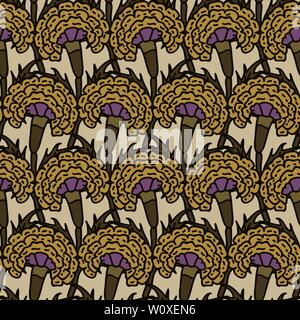 Stampato Woodblock seamless tutto motivo floreale. Orientale tradizionale ornamento etnico dell India Rajastan, Le calendule giallo su sfondo ecru. Illustrazione Vettoriale