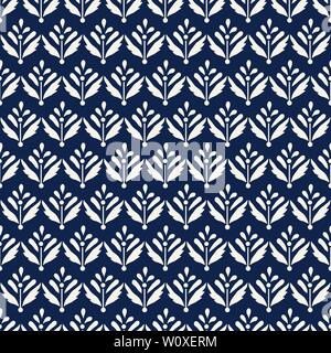 Tintura indaco tutto seamless woodblock stampate paisley pattern. Orientale tradizionale etnica indiana ornamento, ecru su sfondo blu scuro. Des tessili Illustrazione Vettoriale