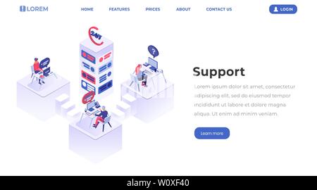 Centro di supporto isometrica pagina di atterraggio. Servizio clienti operatori che lavorano a helpline, manager presso i luoghi di lavoro, agenti sito del team formato vettoriale. UI, UX sviluppo 3d illustrazione Illustrazione Vettoriale