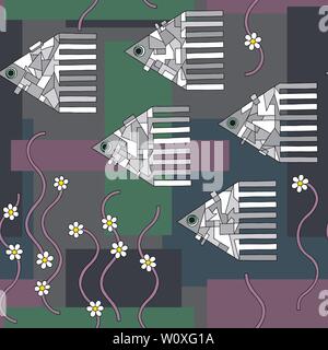 Disegnato a mano vettore pesci seamless pattern. Geometrica astratta animali del mare sullo sfondo. Pesce subacquea texture di superficie di progettazione, tessile, confezionamento Illustrazione Vettoriale
