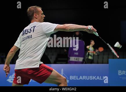Minsk, Bielorussia. Il 28 giugno, 2019. Raul deve (EST) prendendo parte al torneo di Badminton al secondo European games. Credito Bowden Garry/SIP Agenzia fotografica/Alamy live news. Foto Stock