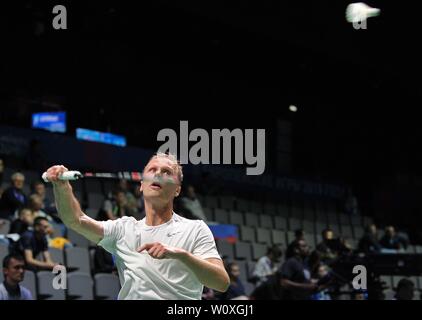 Minsk, Bielorussia. Il 28 giugno, 2019. Raul deve (EST) prendendo parte al torneo di Badminton al secondo European games. Credito Bowden Garry/SIP Agenzia fotografica/Alamy live news. Foto Stock