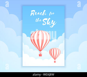 Mongolfiera sky adventure illustrazione. Nuvole bianche su estate blu cielo con grande preventivo motivazionale e red stripe i palloni ad aria calda per l'avventura vacanze banner promozionali. Maschera di ritaglio applicato Foto Stock