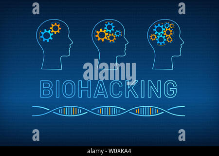 Silhouette di testa con la marcia cervello bio concetto di hacking illustrazione. Faccia con profilo migliorato meccanismo di ingranaggio di cervello, blu, arancione molecola di DNA Helix e grande cartello biohacking su sfondo digitale Foto Stock