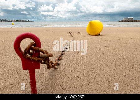 Boa di colore giallo con la bassa marea sulla spiaggia con un gancio rosso fissato Foto Stock