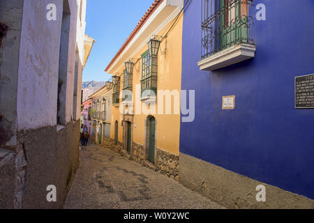 Case colorate e musei a Colonial Calle Jaén, La Paz, Bolivia Foto Stock