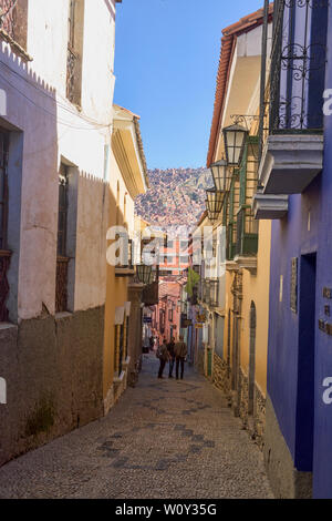 Case colorate e musei a Colonial Calle Jaén, La Paz, Bolivia Foto Stock