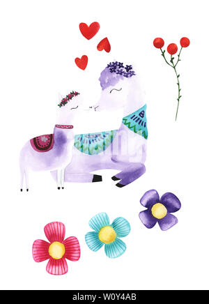 Illustrazione del disegno ad acquerello colorato alpaca animale tra fiori e piante isolato su un background. Foto Stock