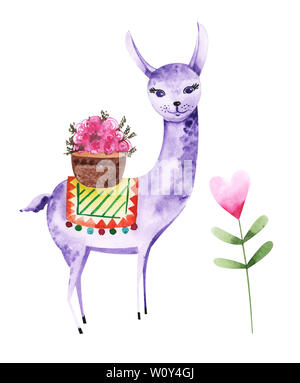 Illustrazione del disegno ad acquerello colorato alpaca animale tra fiori e piante isolato su un background. Foto Stock