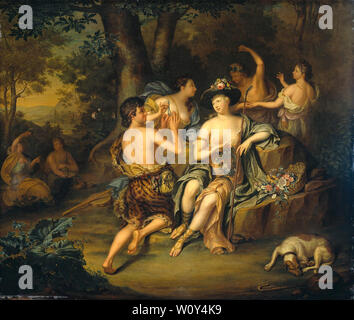 'Shepherds e pastore in un paesaggio; Incoronazione di Mirtillo da Amarillis ' (1735). Mij, Hieronymus van der; Mieris, Willem van Foto Stock