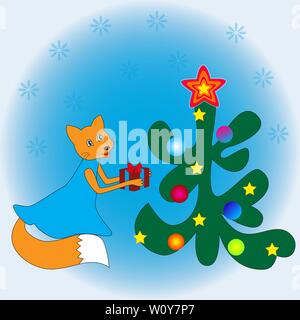Cartoon Fox presenta un dono per l'albero di Natale. Illustrazione Vettoriale