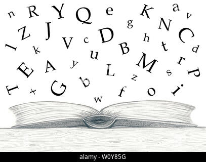 Schizzo a matita open book caratteri alfabetici sfondo bianco  Da jziprian Foto Stock