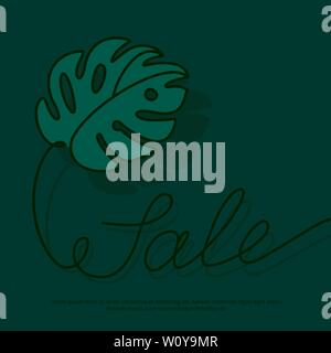 Vendita banner con verde tropicale foglia di monstera sullo sfondo verde scuro. Continuo di una linea di disegno vettoriale astratto Tropical Palm web modello di divieto Illustrazione Vettoriale