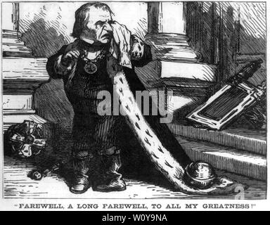 "Addio, un lungo addio a tutti la mia grandezza", caricatura mostra Andrew Johnson, vestito come un re, piangere, illustrazione, Harper's Weekly Magazine, USA, 13 marzo 1869 Foto Stock