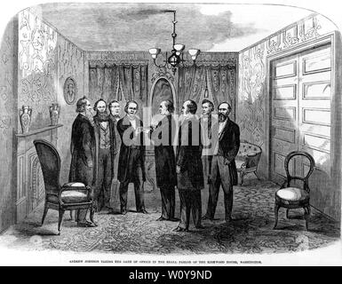 Andrew Johnson tenendo il giuramento nel piccolo salottino di Kirkwood House, Washington, 15 aprile 1865, illustrazione, Frank Leslie Giornale Illustrato, 6 gennaio 1866 Foto Stock