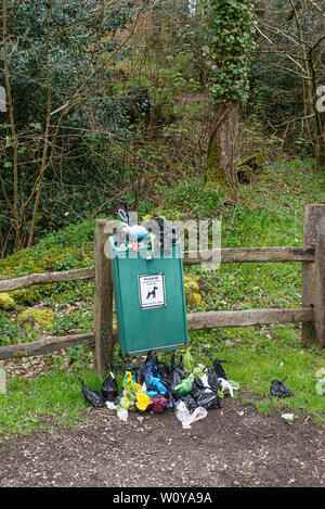 Traboccante dog poo bin al ponte Fingle,Devon nel Regno Unito campagna. Foto Stock