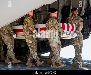 Dover, DE, STATI UNITI D'AMERICA. Il 28 giugno, 2019. Giugno 28, 2019 : l'esercito vecchia guardia portare Team porta il caso di trasferimento al veicolo di trasferimento durante il trasferimento degna del sergente James G. Johnston, di Trumansburg, New York, alla Dover Air Force Base. Alla solenne cerimonia hanno partecipato numerose personalità tra cui il Vice Presidente Mike Pence, deliberando il Segretario della Difesa il dottor Mark Esper e deliberando segretario dell'esercito Ryan McCarthy. Scott Serio/ESW/CSM/Alamy Live News Foto Stock