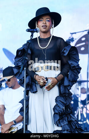 Ms. Lauryn Hill esegue sulla fase della piramide a Glastonbury Festival 2019 venerdì 28 giugno 2019 presso l'azienda agricola degna, Pilton. Foto di Julie Edwards. Foto Stock