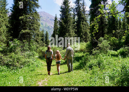 Uomo adulto con due bambini, nonno cammina in una foresta di montagna con nipoti, estate giornata soleggiata, sfondo verde, resto escursionismo Foto Stock