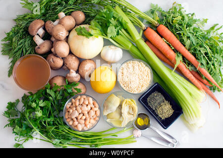 Vegan caricato carciofo Limone Zuppa di Orzo ingredienti Foto Stock