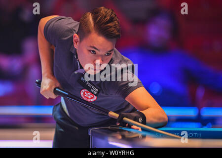 Leicester, Regno Unito. 28 GIU, 2019. Hong Kong - Yip Kin Ling Betvictor durante la Coppa del Mondo di Pool: Hong Kong vs Austria a Morningside Arena il Venerdì, 28 giugno 2019 a Leicester Inghilterra. Credito: Taka G Wu/Alamy Live News Foto Stock