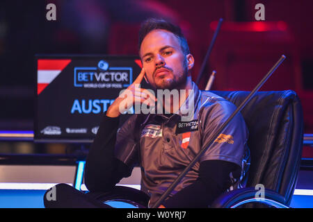 Leicester, Regno Unito. 28 GIU, 2019. Austria - Albin Ouschan Betvictor durante la Coppa del Mondo di Pool: Hong Kong vs Austria a Morningside Arena il Venerdì, 28 giugno 2019 a Leicester Inghilterra. Credito: Taka G Wu/Alamy Live News Foto Stock