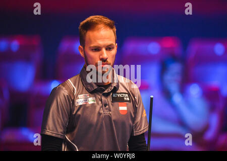 Leicester, Regno Unito. 28 GIU, 2019. Austria - Albin Ouschan Betvictor durante la Coppa del Mondo di Pool: Hong Kong vs Austria a Morningside Arena il Venerdì, 28 giugno 2019 a Leicester Inghilterra. Credito: Taka G Wu/Alamy Live News Foto Stock