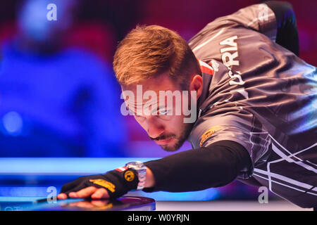 Leicester, Regno Unito. 28 GIU, 2019. Austria - Albin Ouschan Betvictor durante la Coppa del Mondo di Pool: Hong Kong vs Austria a Morningside Arena il Venerdì, 28 giugno 2019 a Leicester Inghilterra. Credito: Taka G Wu/Alamy Live News Foto Stock