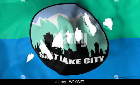 Salt Lake City, capitale dello Utah bandiera di stato perforato, fori di proiettile, sfondo bianco, rendering 3D Foto Stock