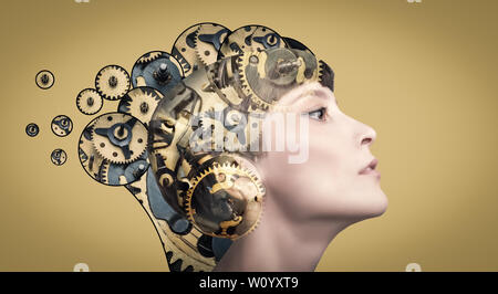 Pensando imprenditrice con meccanismi a ingranaggi sul suo capo Foto Stock