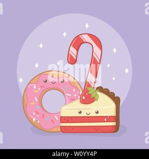 Deliziosi dolci e ciambelle e prodotti kawaii caratteri illustrazione vettoriale design Illustrazione Vettoriale